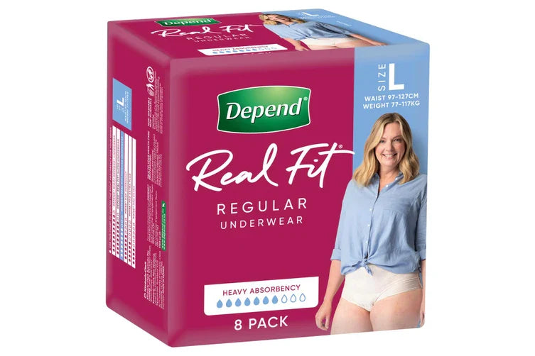 Depend® Real Fit® Regular Underwear for Women Large - (Hip: 112-137cm), (Waist: 97-162cm) (8pkt)