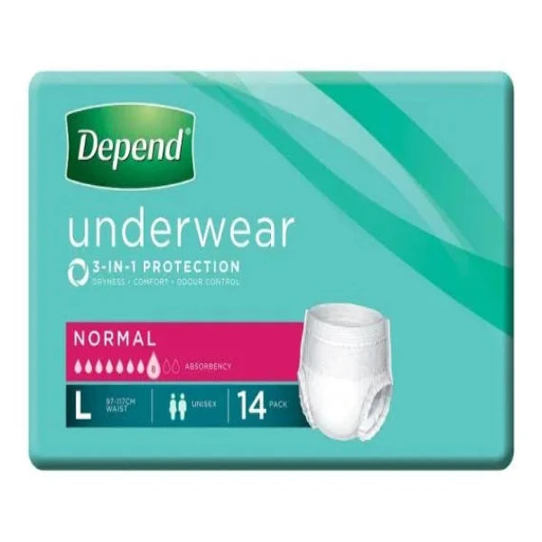 Depend Unisex Underwear Normal (8 DROPS) L: Hip/Waits Size: 97-127cm (4x 14pkt)