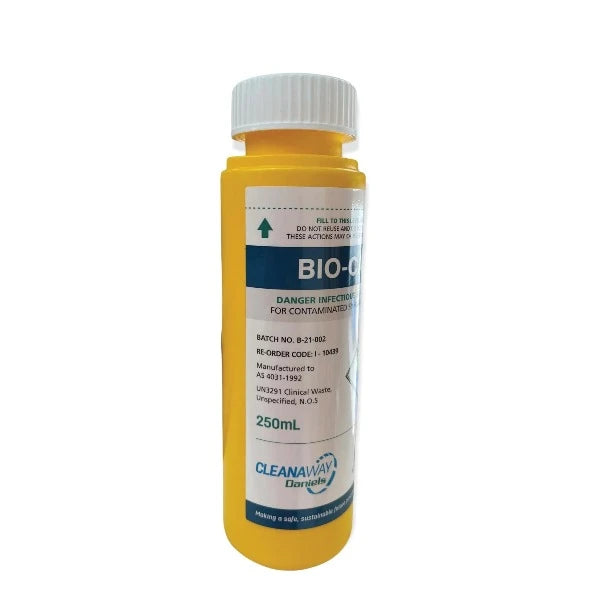 Yellow Bio-Can (250ml) sharps container for safe disposal of needles, syringes, lancets, and other small sharps. Puncture-resistant and leak-proof for safety. Ideal for household or personal use.