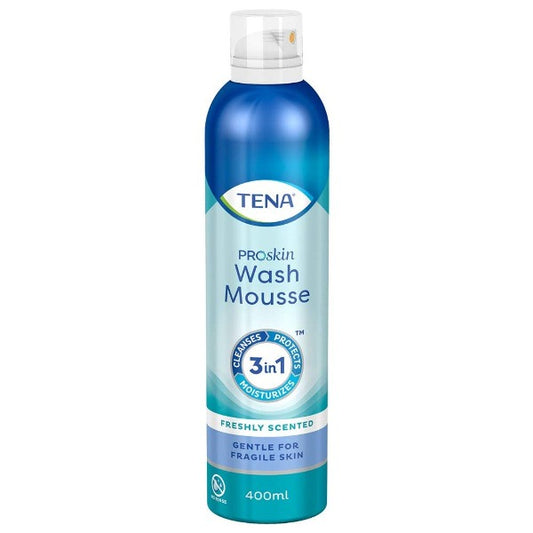 Tena Proskin Wash Mousse 400ml: Gentle no-rinse cleansing mousse for sensitive skin.