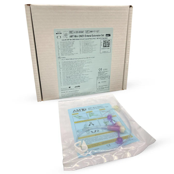 12-inch AMT Extension Feed Set with clear tubing and ENFit Y-port connector for secure enteral feeding.