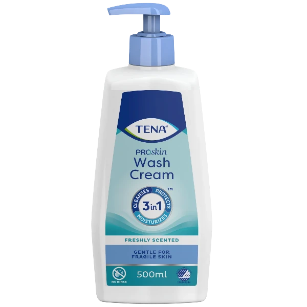 Tena Proskin Wash Cream 500ml: Gentle no-rinse cleansing cream for sensitive skin.