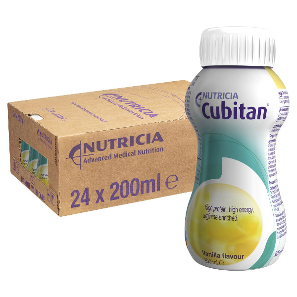 Cubitan 200ml Vanilla bottle displayed beside a tray of 24 units, showcasing bulk packaging for healthcare nutritional support.