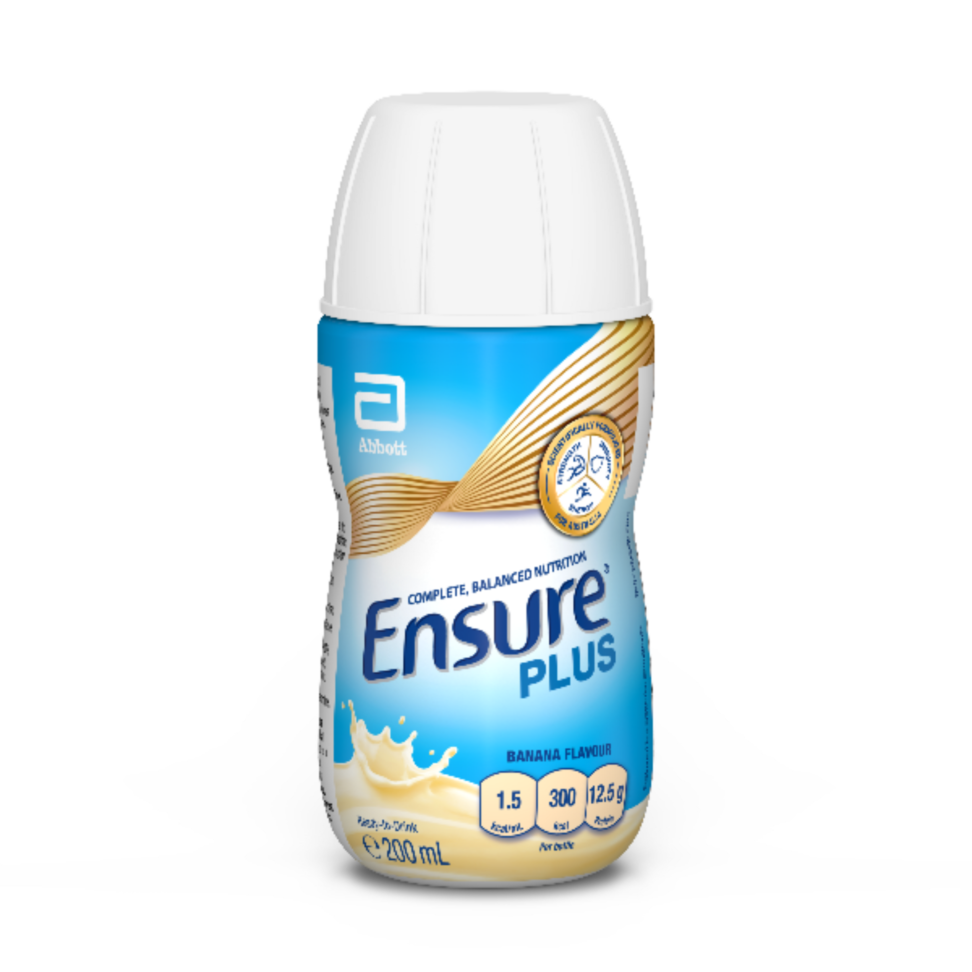 Ensure Plus Banana flavour nutritional supplement bottle, 300 kcal, 12.5g protein, fibre-free, low FODMAP, for adults.