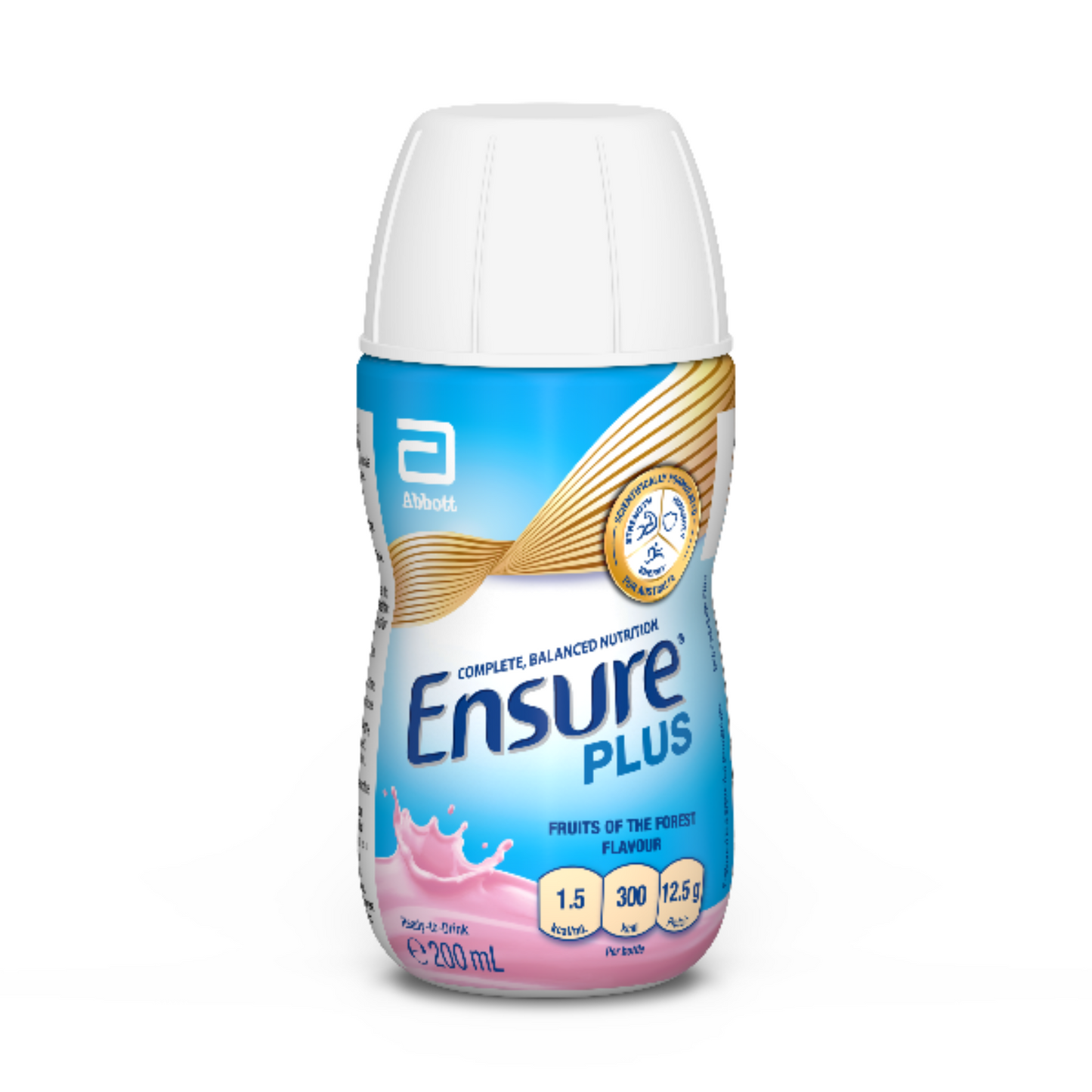 Ensure Plus Chocolate flavour nutritional supplement bottle, 300 kcal, 12.5g protein, fibre-free, low FODMAP, for adults.