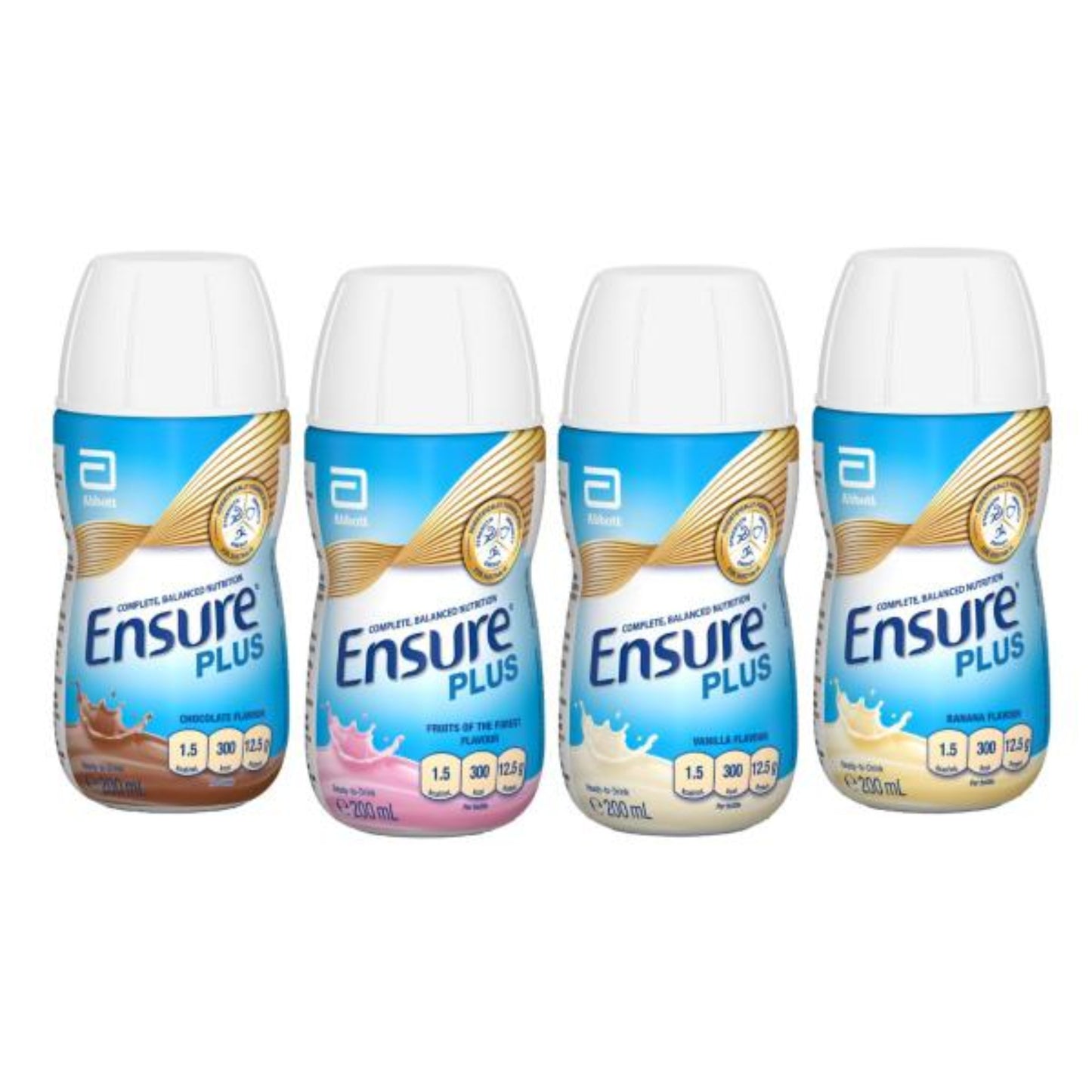 Ensure Plus nutritional supplement bottles in Chocolate, Fruits of the Forest, Vanilla, and Banana flavours, 300 kcal, fibre-free, low FODMAP.