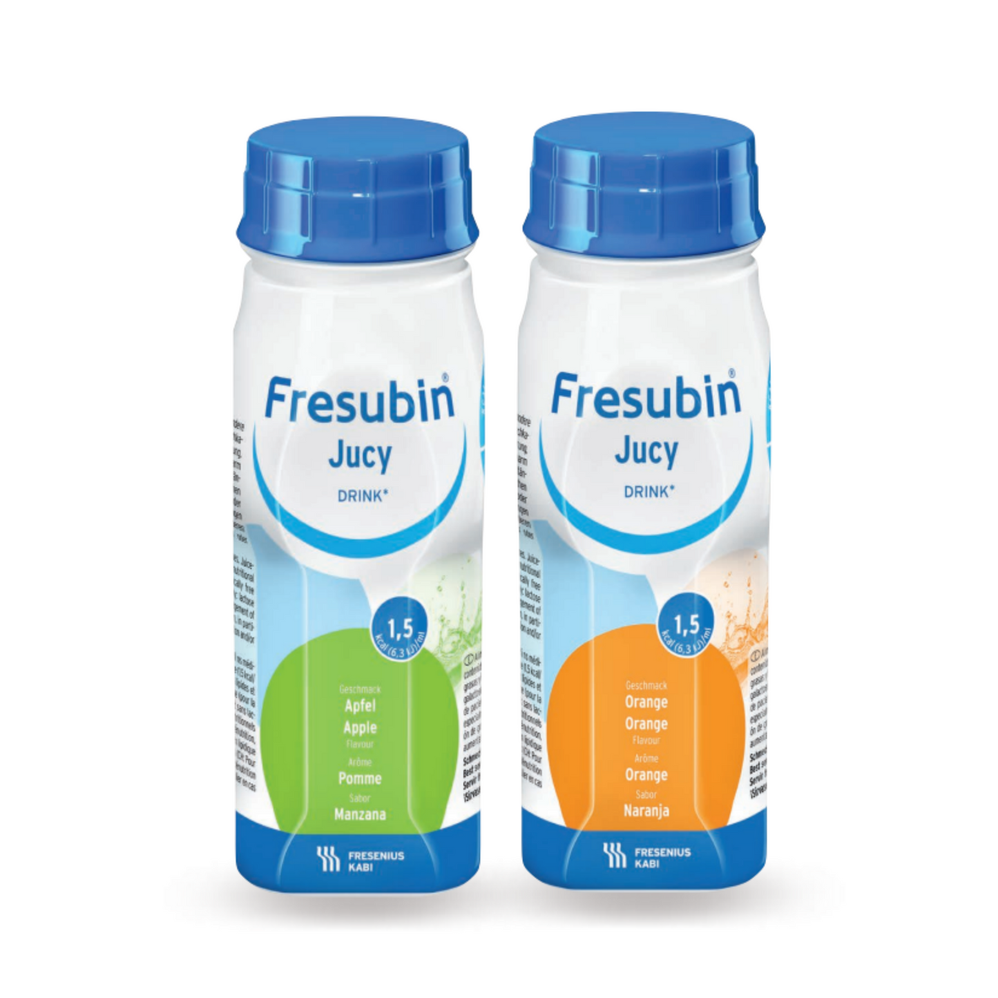 Fresubin® Jucy Drink – 1.5 kcal/mL oral nutritional supplement in both Apple and Orange flavors, ideal for malnutrition management.
