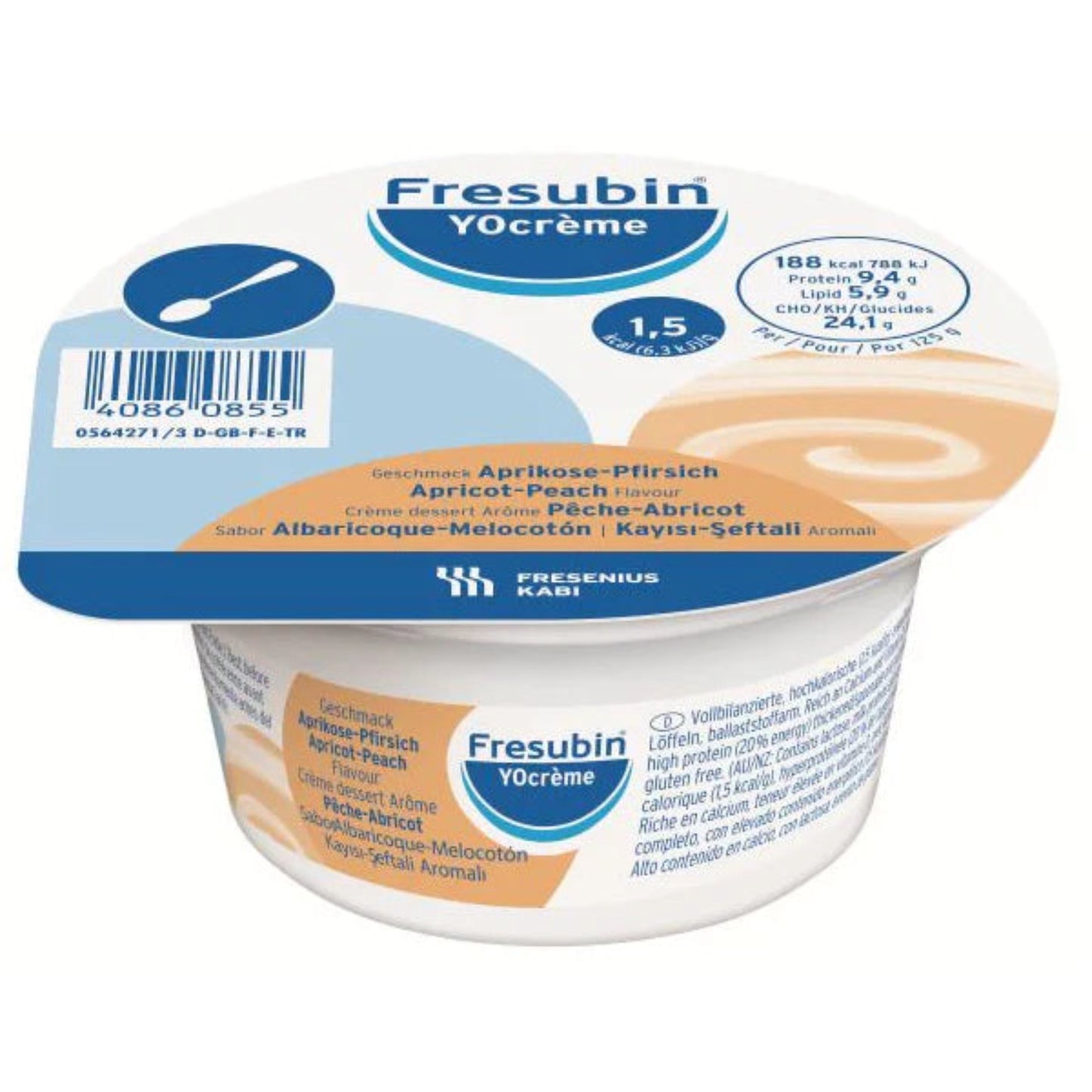 Fresubin YOcrème Apricot-Peach 125g cup – a high-protein, high-calorie supplement with a smooth yoghurt consistency.