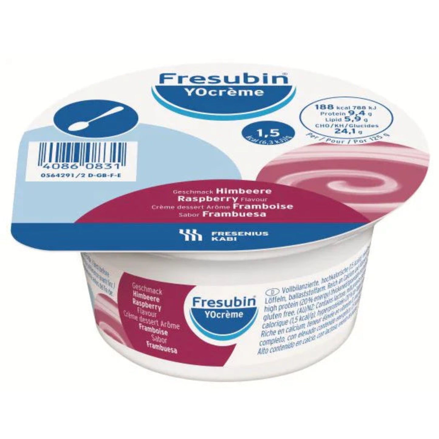 Fresubin YOcrème Raspberry 125g cup – high-protein, high-calorie nutritional supplement with a creamy yoghurt texture.