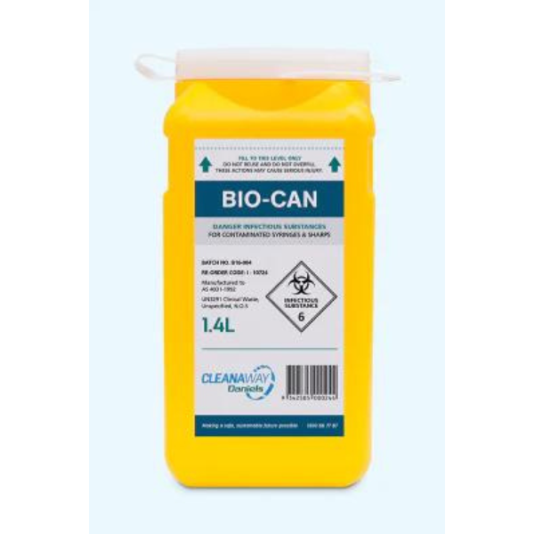 Yellow Bio-Can (1.4L) sharps container for safe disposal of needles, syringes, lancets, and other sharps medical waste. Puncture-resistant and leak-proof for commercial use or larger volumes.