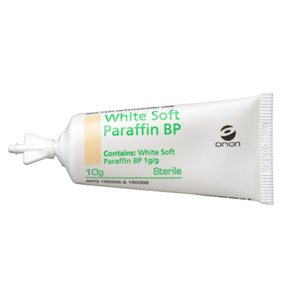 White Soft Paraffin 10g: Sterile ointment for moisturizing and protecting dry, sensitive skin.