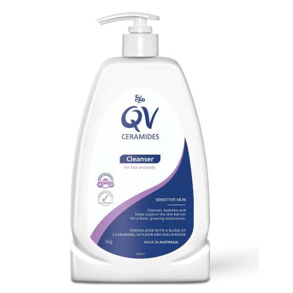 QV Ceramides Cleanser 1kg: Gentle, ceramide-enriched cleanser for hydrating and restoring the skin’s moisture barrier, 1kg pump bottle.