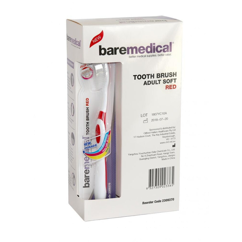 BareMedical Tooth Brush Adult Soft Red (Box of 12)