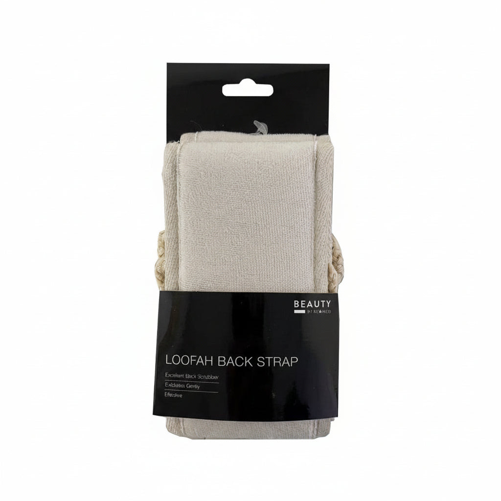 Beauty+ Loofah Back Strap exfoliating bath accessory with soft loofah material.
