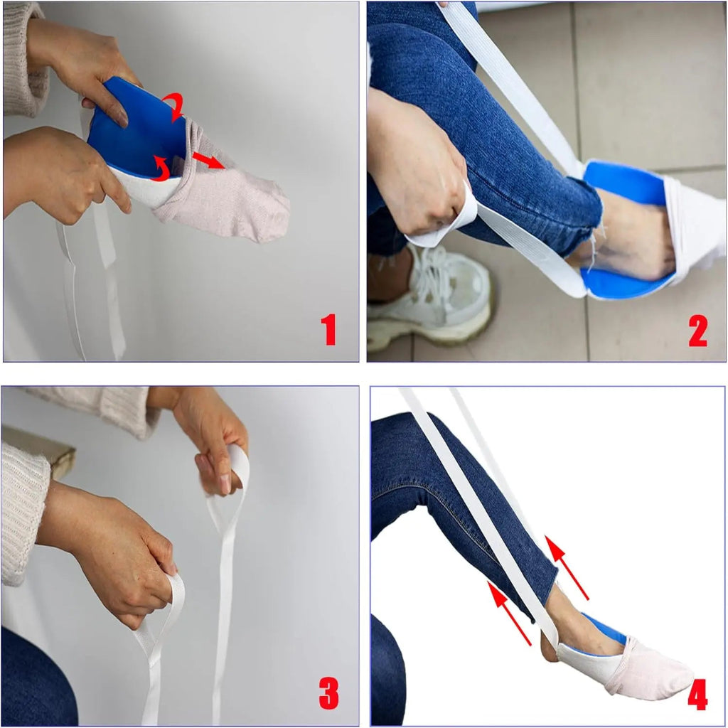 Person using BeMed Sock Aid to put on socks effortlessly.