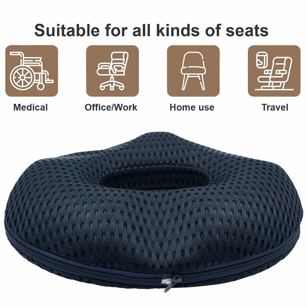 Navy blue donut seat cushion with text and icons indicating suitability for various uses.