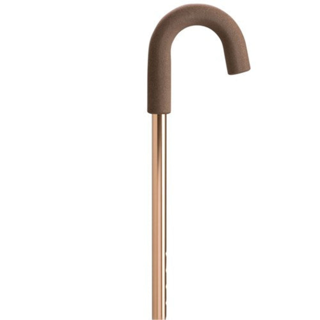 CareQuip adjustable crook-handle walking stick in bronze with foam-covered handle.