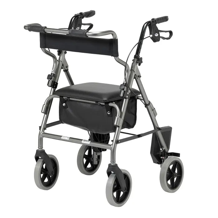 Days 2-in-1 Transit Rollator in red and silver, shown open with seat and footrests