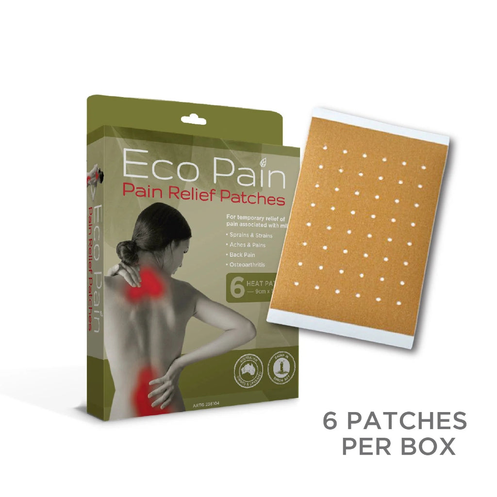 Eco Pain Eze Pain Relief Patches 9 x 13cm, pack of 6, with capsaicin, menthol, camphor, and eucalyptus.