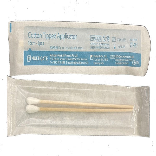 Cotton Tip Applicator 15cm Sterile 2's (100) by Multigate: Sterile, single-ended cotton tip applicators with wooden stems for general and medical use, pack of 2, 100 packs per box.