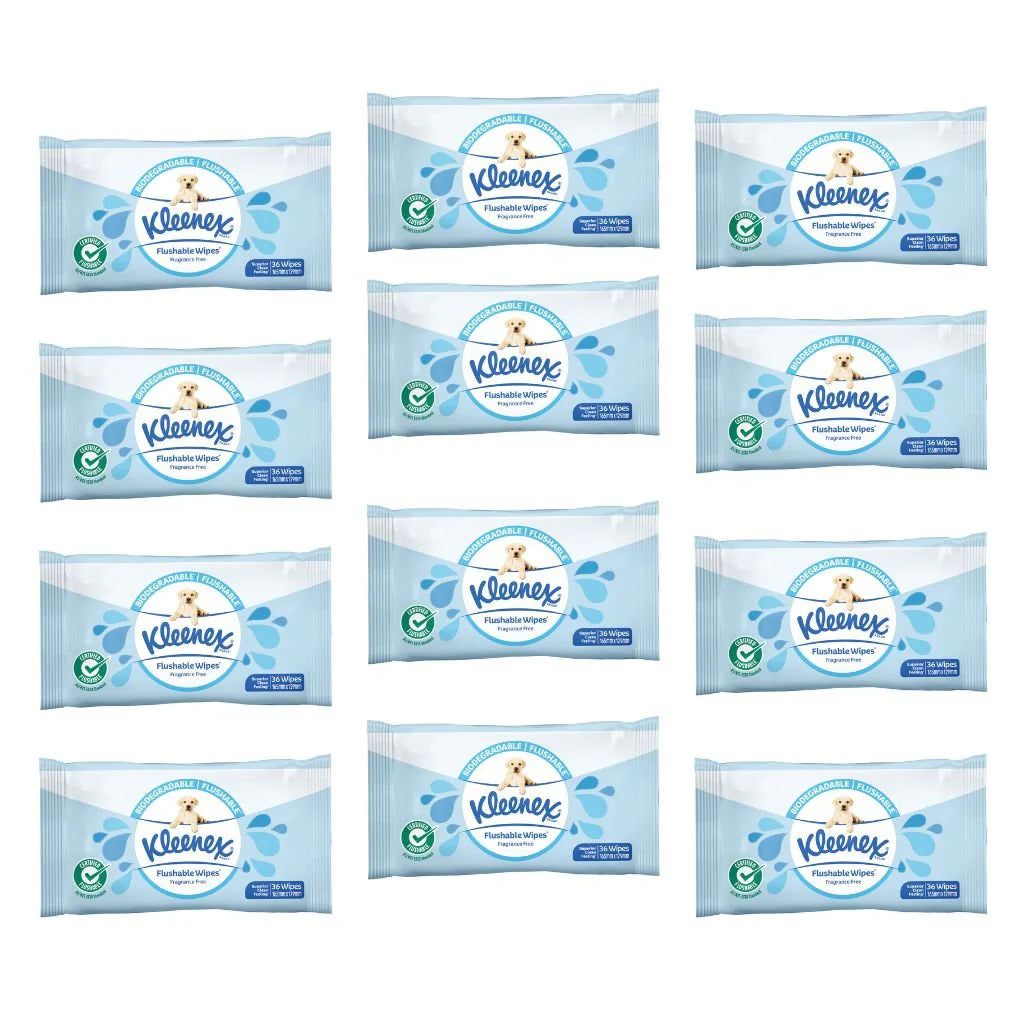Kleenex Flushable Wipes Fragrance Free Carton - 12 x Pack of 36 wipes