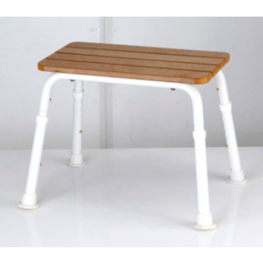 Close‑up of the Delta S44‑T shower stool faux timber seat and aluminium height‑adjustable legs.