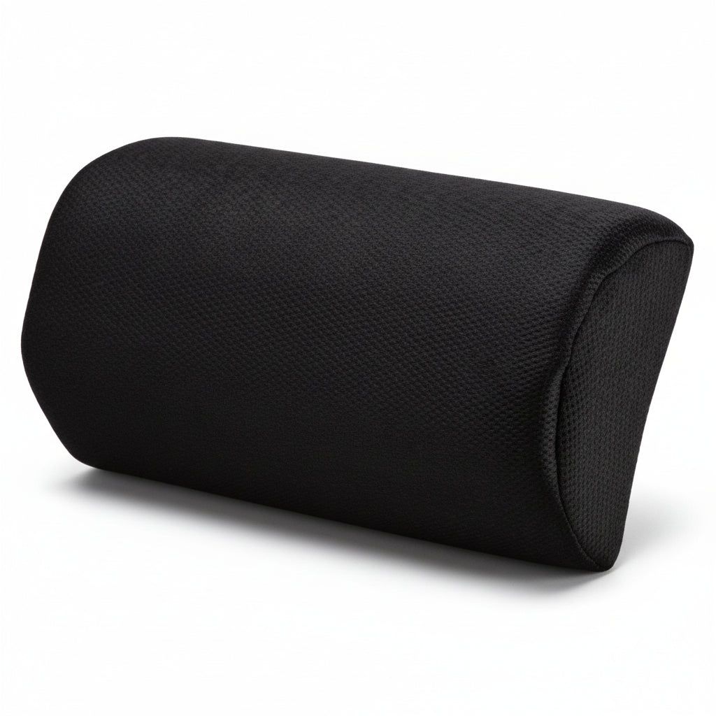 Max Mobility lumbar half‑roll memory foam cushion with removable black velour cover
