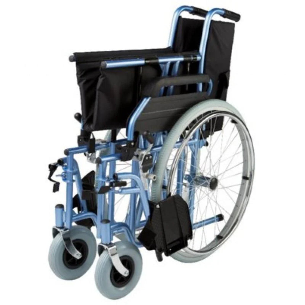 Omega HD1 wheelchair showing swing-away removable armrests and leg rests, solid rear tyres