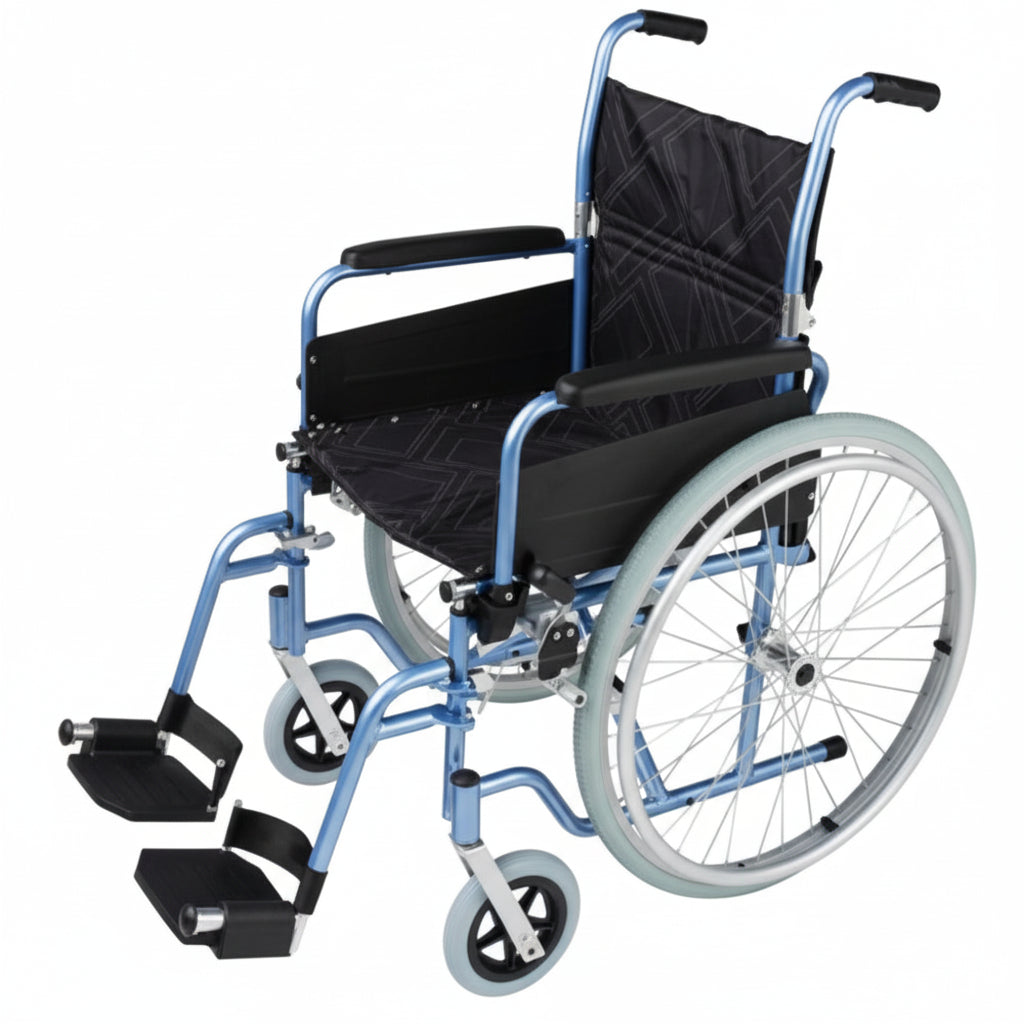 Max Mobility Omega SP2 lightweight aluminium wheelchair in blue with 24 inch quick-release rear wheels.