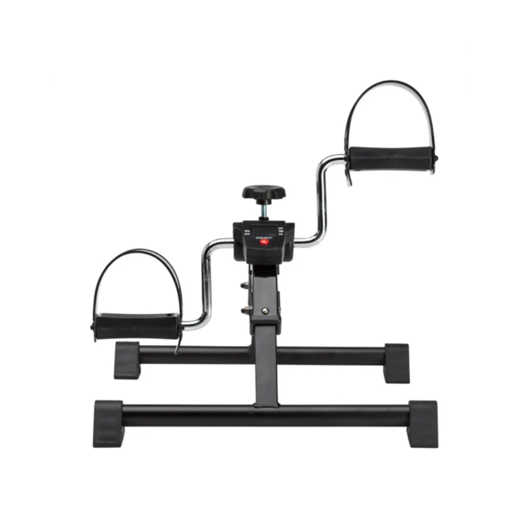 Max Mobility Zeta PE1 pedal exerciser in black showing compact frame and adjustable resistance bolt.