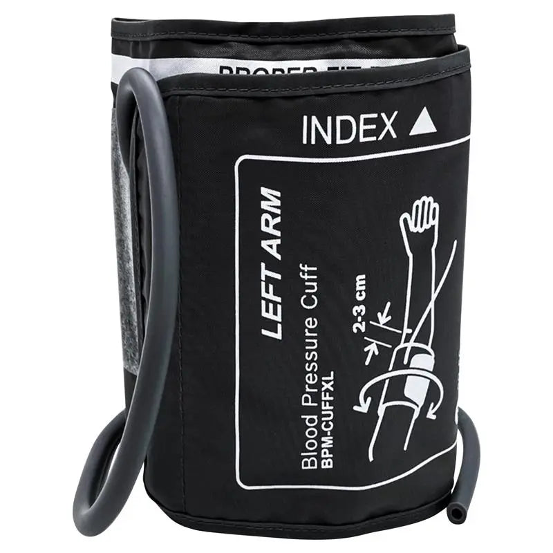 Blood pressure cuff with measurement instructions on a white background