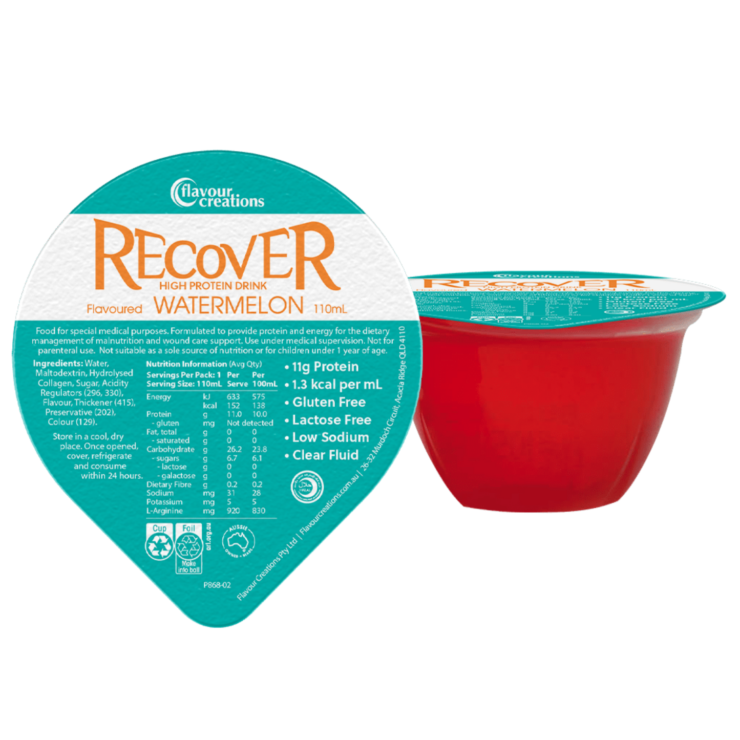 A single 110ml bottle of Recover 11g High Protein Energy Supplement in Watermelon flavor.