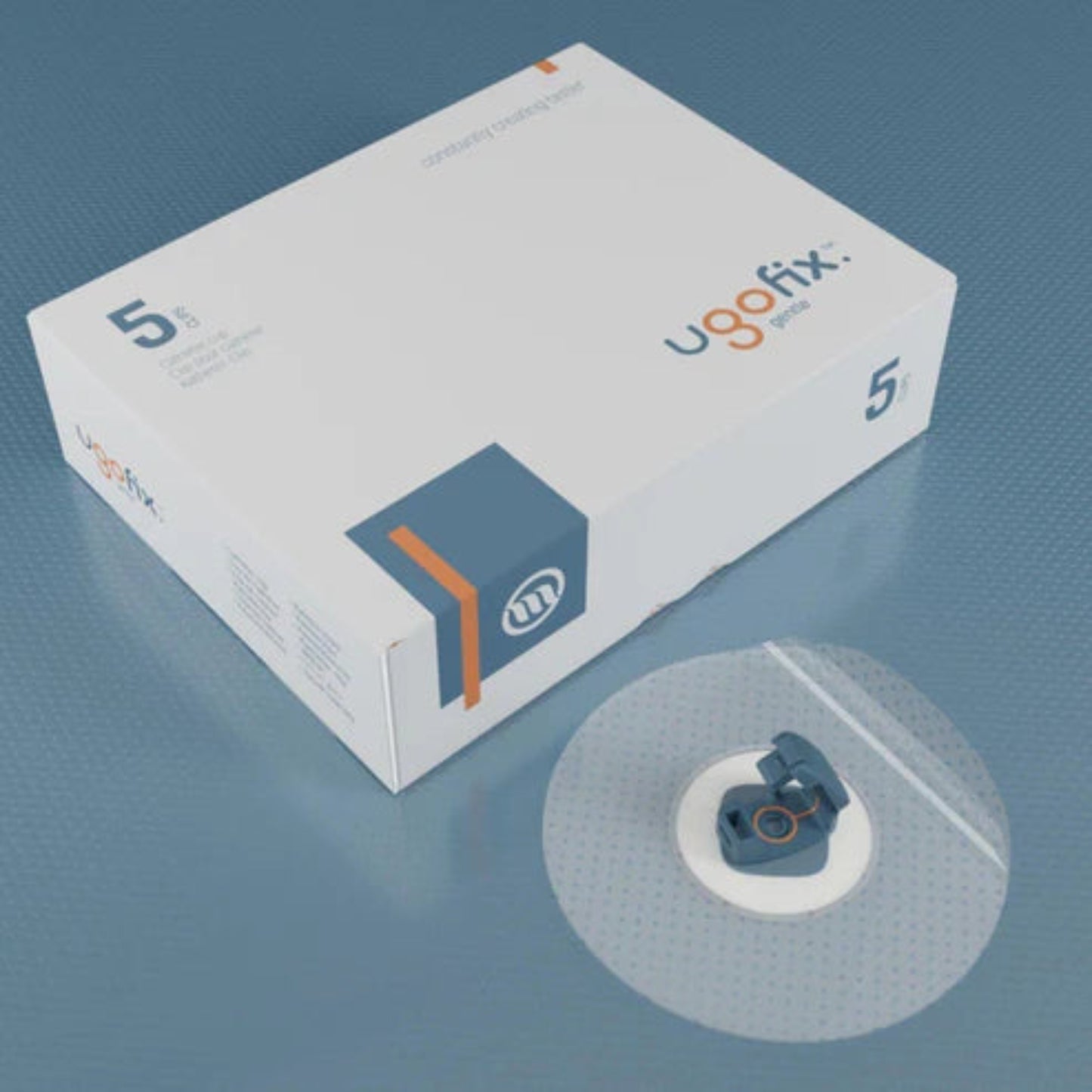 Packaging of Ugo Fix Gentle catheter fixation clips, displaying a box of 5 with a transparent adhesive pad and blue rotating clip for secure catheter placement