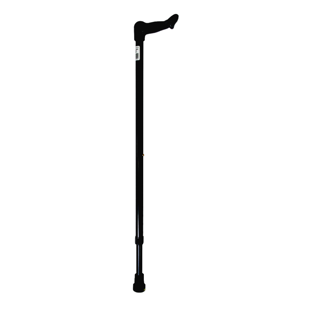Left-hand anatomic walking stick in black with ergonomic contoured handle.