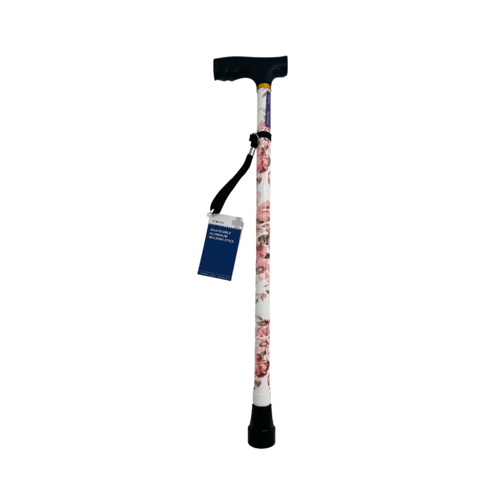 Adjustable walking stick with white and pink floral pattern and height-adjustable shaft.