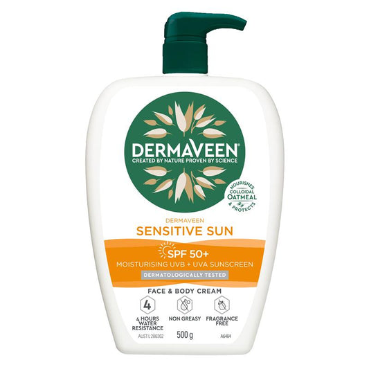 DermaVeen Sensitive Sun SPF 50+ Moisturising Face & Body Cream Size 500g