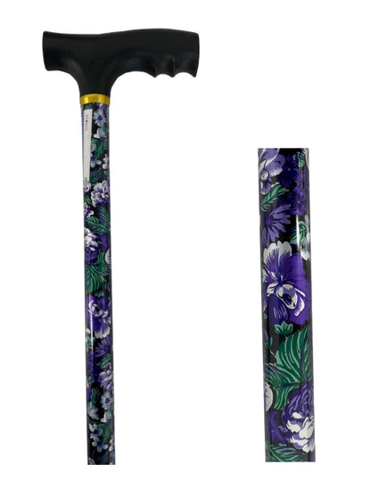 Adjustable walking stick with pink floral pattern and height-adjustable shaft.