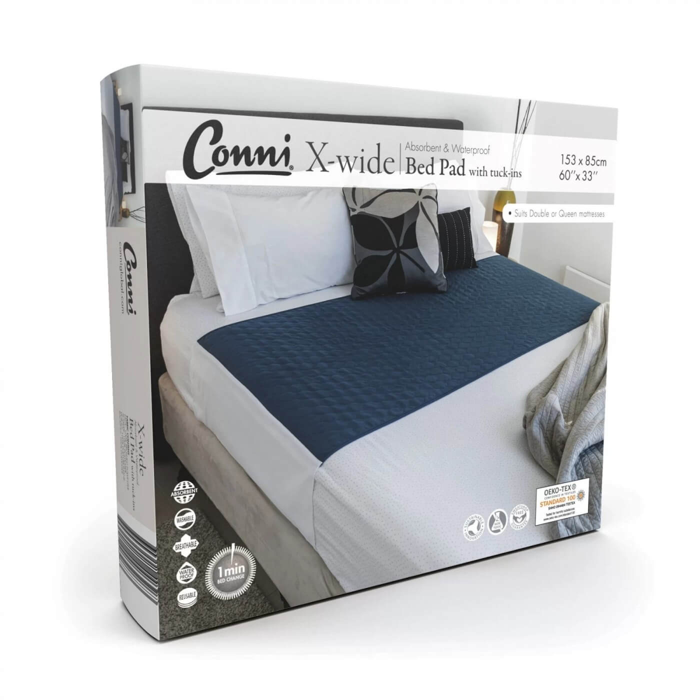 Conni X-wide Reusable Bed Pad with Tuck-ins  Teal Blue - 153 x 85cm