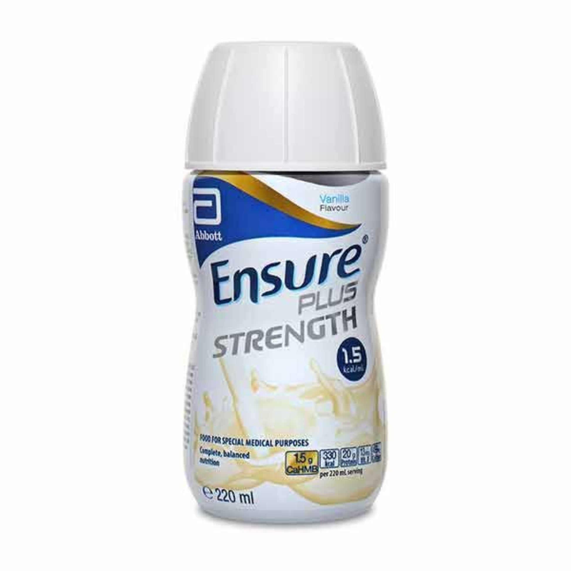 Ensure Plus Strength vanilla flavored 220ml bottle containing high-protein nutritional supplement with 20g protein and CaHMB for muscle recovery, strength maintenance and post-surgery nutrition support.