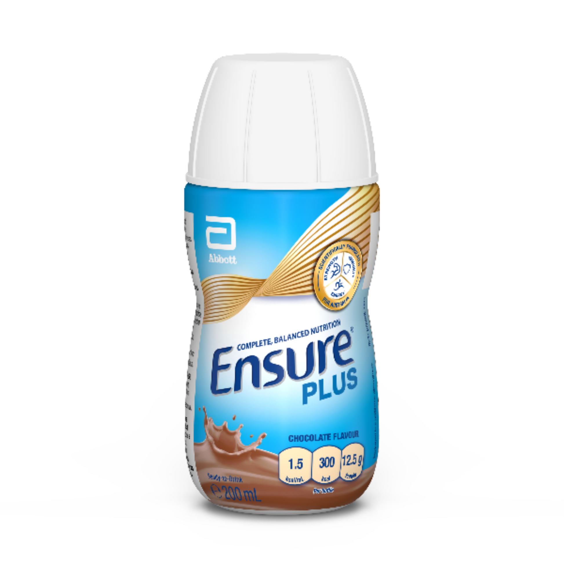 Ensure Plus Chocolate flavour nutritional supplement bottle, 300 kcal, 12.5g protein, fibre-free, low FODMAP, for adults.