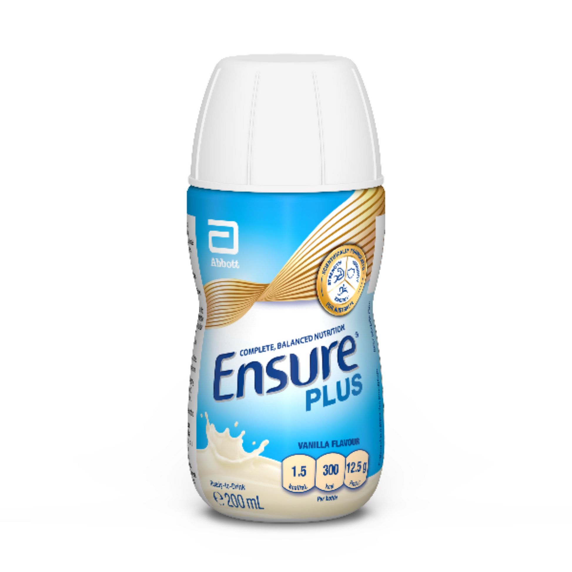 Ensure Plus Vanilla flavour nutritional supplement bottle, 300 kcal, 12.5g protein, fibre-free, low FODMAP, for adults.