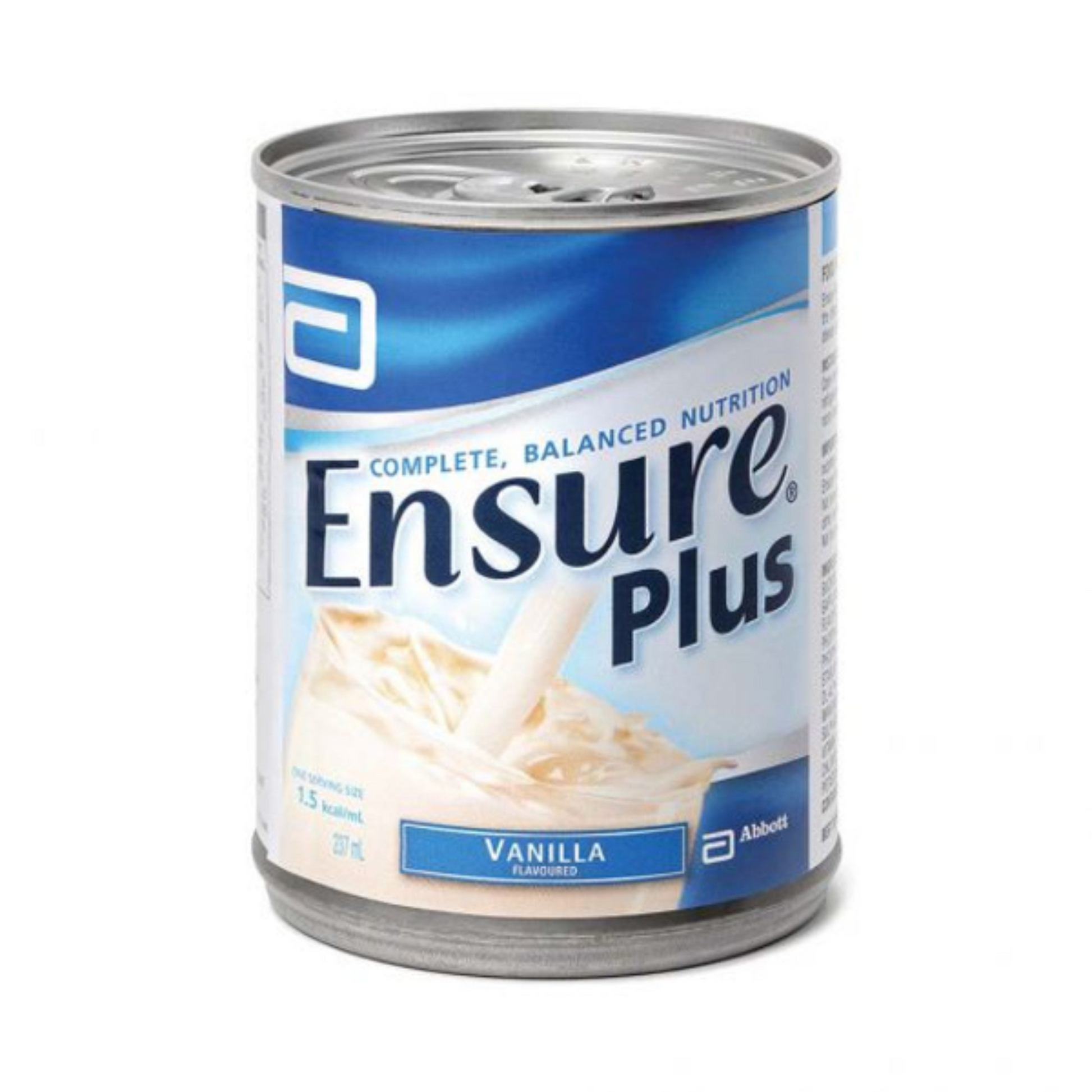 A 237ml can of Ensure Plus, emphasizing its use for nutrition in individuals at risk of malnutrition.