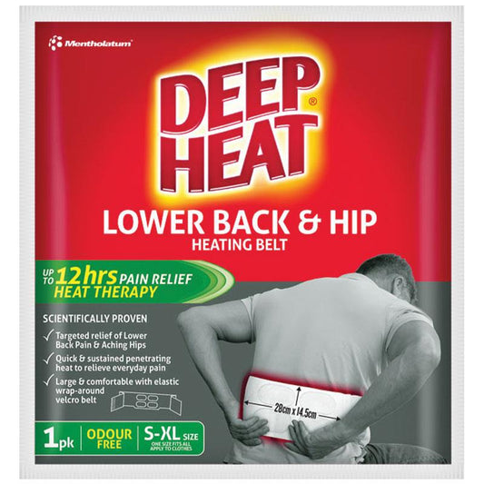 Deep Heat Lower Back & Hip Heating Belt Size 28 cm x 14.5 cm BELT SIZE (ONE-SIZE FITS ALL): 80-120 cm with a small velcro strip (1 Pack)