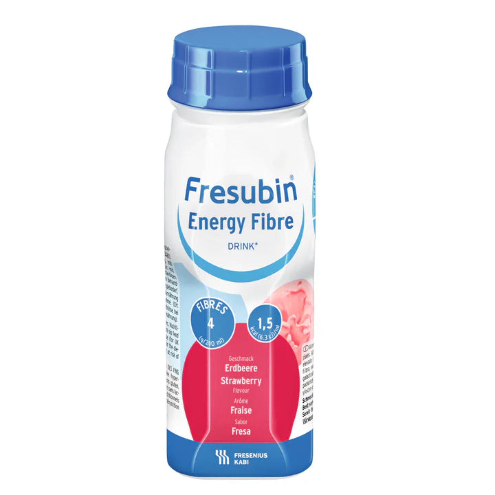 Strawberry flavoured Fresubin Energy Fibre high-calorie nutritional supplement with fibre