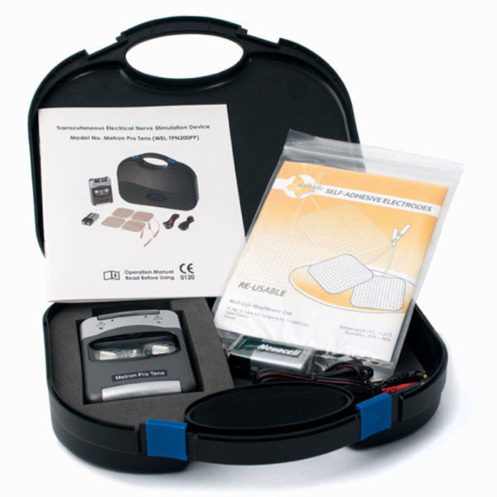 Open carry case showing the Metron Pro TENS Unit and accessories stored inside.