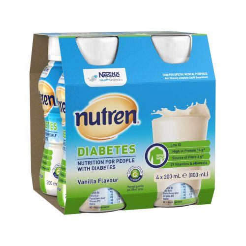 Tray of 6 Nutren Diabetes 200ml bottles, nutritional supplement for diabetics, high in protein and fiber, low Glycemic Index.