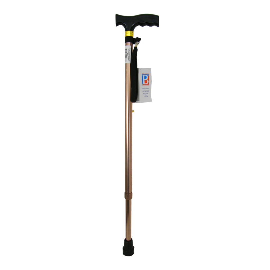 Adjustable walking stick in bronze finish with height-adjustable shaft.