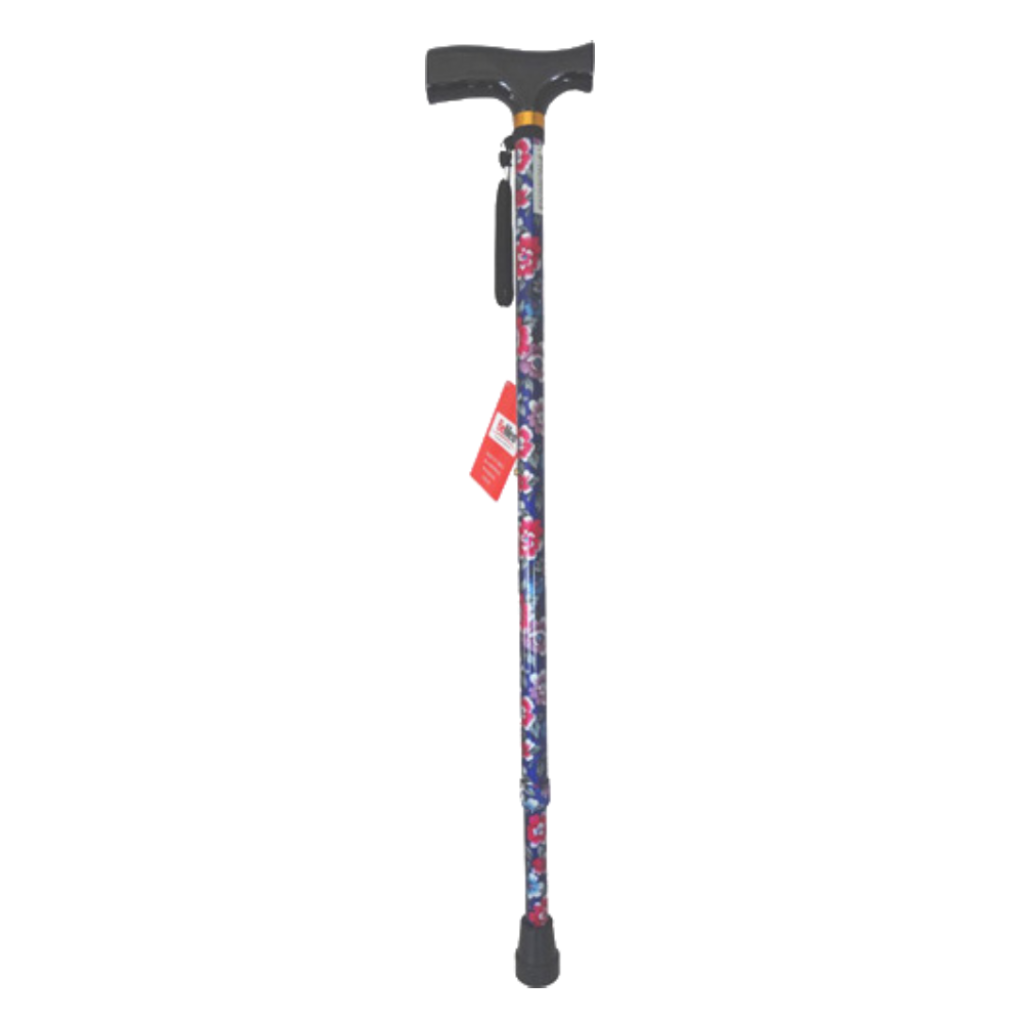  Adjustable walking stick with blue floral pattern and height-adjustable shaft.