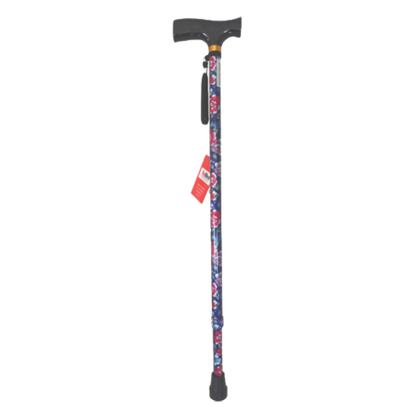  Adjustable walking stick with blue floral pattern and height-adjustable shaft.