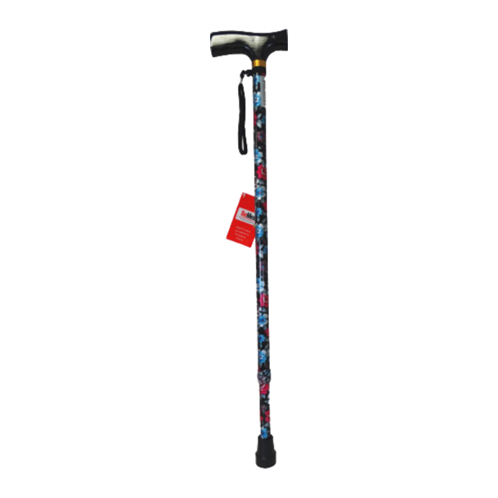 Adjustable walking stick with black floral pattern and height-adjustable shaft.